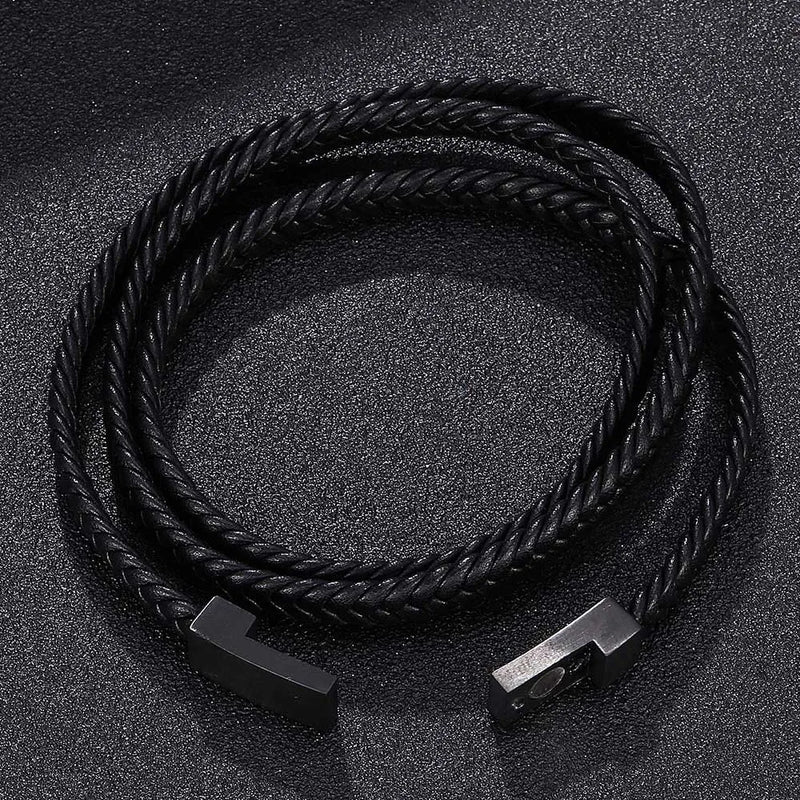 Men's Titanium Steel Leather Bracelet Double Layers Punk Rock Retro Bangle