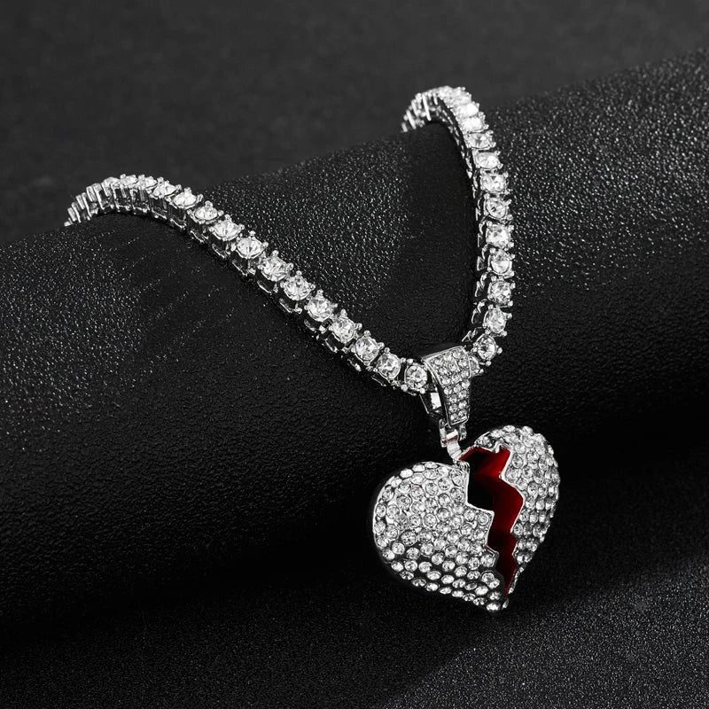 Men's Iced Out Heart Pendant Necklace Bling Rhinestone Crystal Chain Jewelry