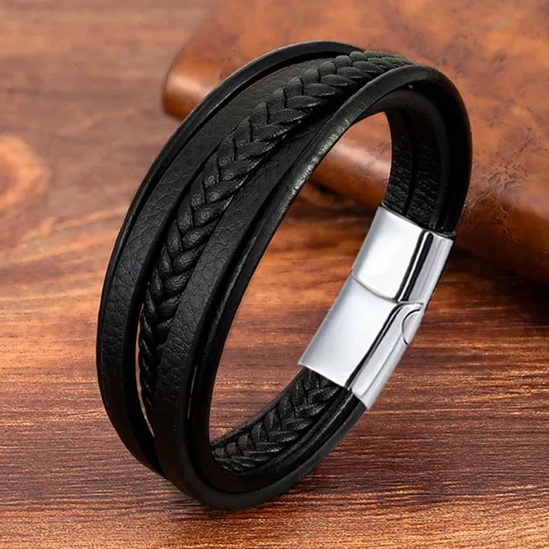 Men's Leather Bracelet Genuine Leather Woven Cuff Bracelet