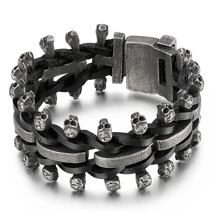 Men's Leather Bracelet with Skull Head Snake Vintage Stainless Steel