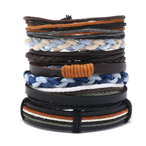 Men's Leather Weave Multi-Layer Charm Bracelet Set