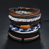 Men's Leather Weave Multi-Layer Charm Bracelet Set