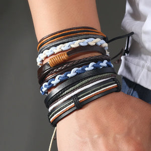 Men's Leather Weave Multi-Layer Charm Bracelet Set