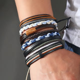 Men's Leather Weave Multi-Layer Charm Bracelet Set