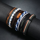 Men's Leather Weave Multi-Layer Charm Bracelet Set