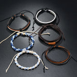 Men's Leather Weave Multi-Layer Charm Bracelet Set