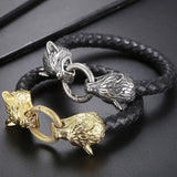 Men's Leather Bracelet with Double Wolf Head 316L Stainless Steel Cuff