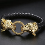 Men's Leather Bracelet with Double Wolf Head 316L Stainless Steel Cuff