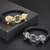 Men's Leather Bracelet with Double Wolf Head 316L Stainless Steel Cuff