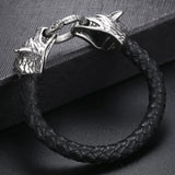 Men's Leather Bracelet with Double Wolf Head 316L Stainless Steel Cuff