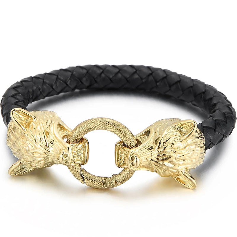 Men's Leather Bracelet with Double Wolf Head 316L Stainless Steel Cuff
