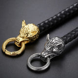 Men's Leather Bracelet with Double Wolf Head 316L Stainless Steel Cuff