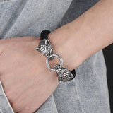 Men's Leather Bracelet with Double Wolf Head 316L Stainless Steel Cuff