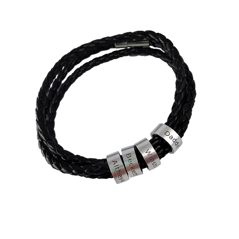 Men's Leather Bracelet Beads Family Name Charm Jewelry Bangle Father's Gift