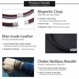 Men's Brown Leather Choker Necklace Stainless Steel Clasp