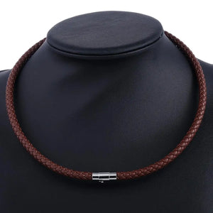 Men's Brown Leather Choker Necklace Stainless Steel Clasp