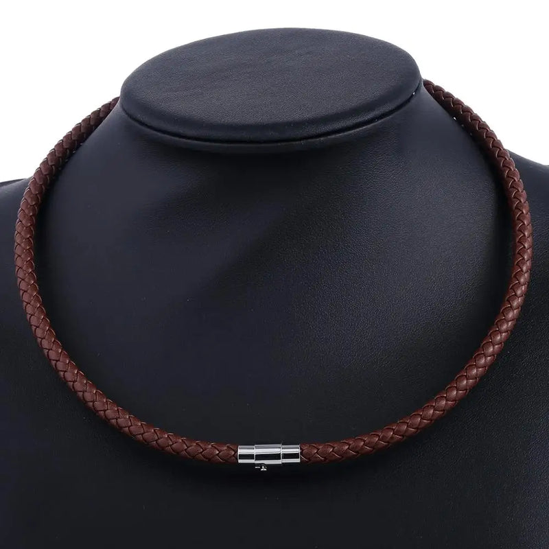 Men's Brown Leather Choker Necklace Stainless Steel Clasp