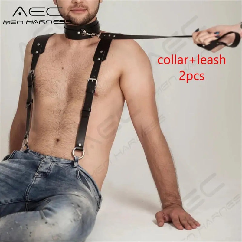 Men's Leather Necklace Set BDSM Neck Harness Gothic Cosplay