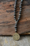 Men's Hematite Rosary Necklace with Jesus Pendant
