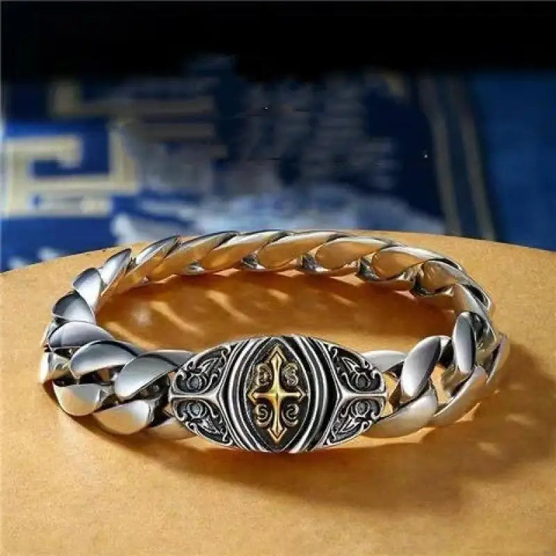 Men's Silver Cross Copper Bracelet Cuban Chain Charm Party Jewelry