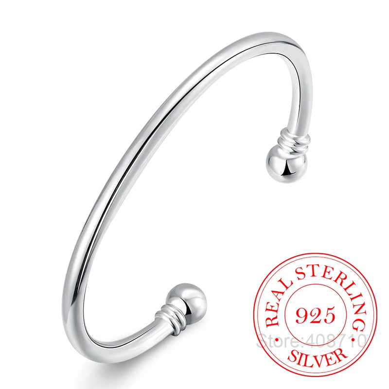 925 Silver Open Cuff Bracelet Double Beads Bangle Wedding Jewelry