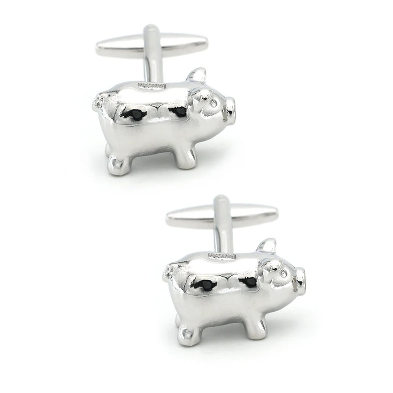 Men's Piggy Bank Cufflinks Novelty Pig Silver Brass Cuff Links
