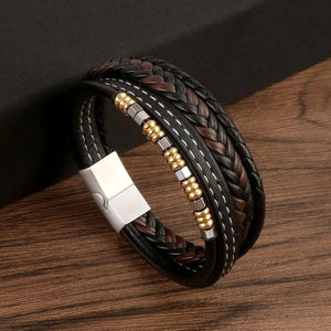 Men's Punk Leather Bracelet Multi-Layer Hand Woven Vintage Bracelet
