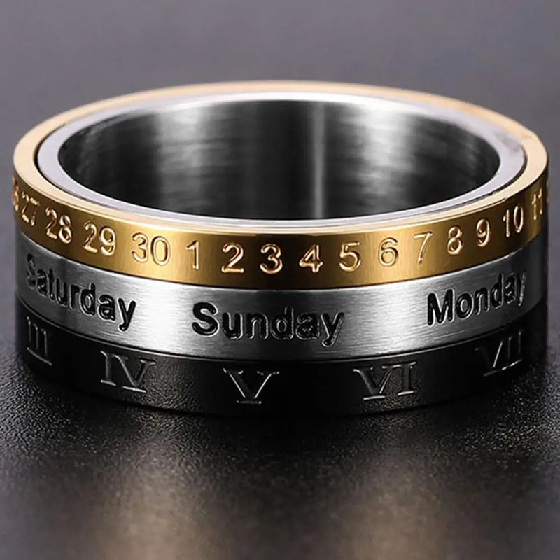 Men's Roman Numeral Date Calendar Time Ring Stainless Steel Fidget Ring