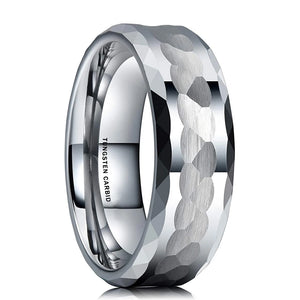 Men's Silver Stainless Steel Multifaceted Ring Hammered Comfort Fit