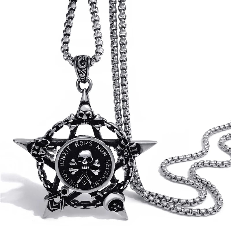 Men's Pentagram Necklace Skull Pendant Chain Stainless Steel Star Magic