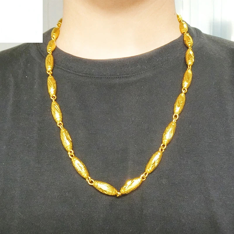 Men's 24K Plated Oval Car Flower Olive Necklace
