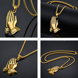 Mens Stainless Steel Jesus Prayer Pendant Necklace Gold Prayer Hands Pendant