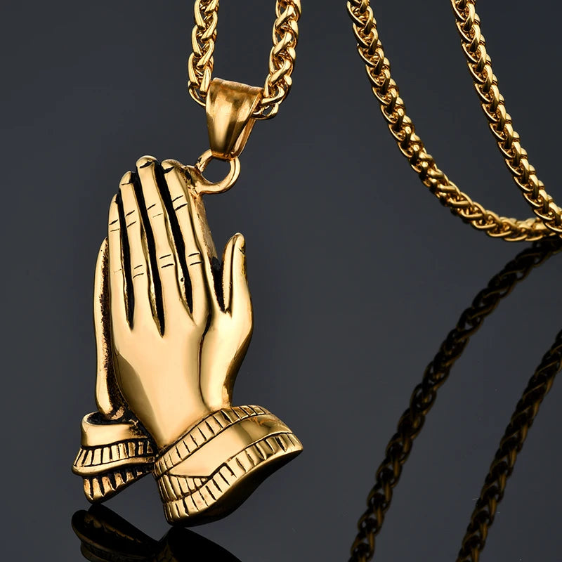 Mens Stainless Steel Jesus Prayer Pendant Necklace Gold Prayer Hands Pendant