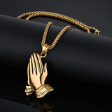 Mens Stainless Steel Jesus Prayer Pendant Necklace Gold Prayer Hands Pendant
