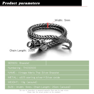 Men's Thai Silver 925 Silver Dragon Bracelet 5mm Charm 20cm Chain