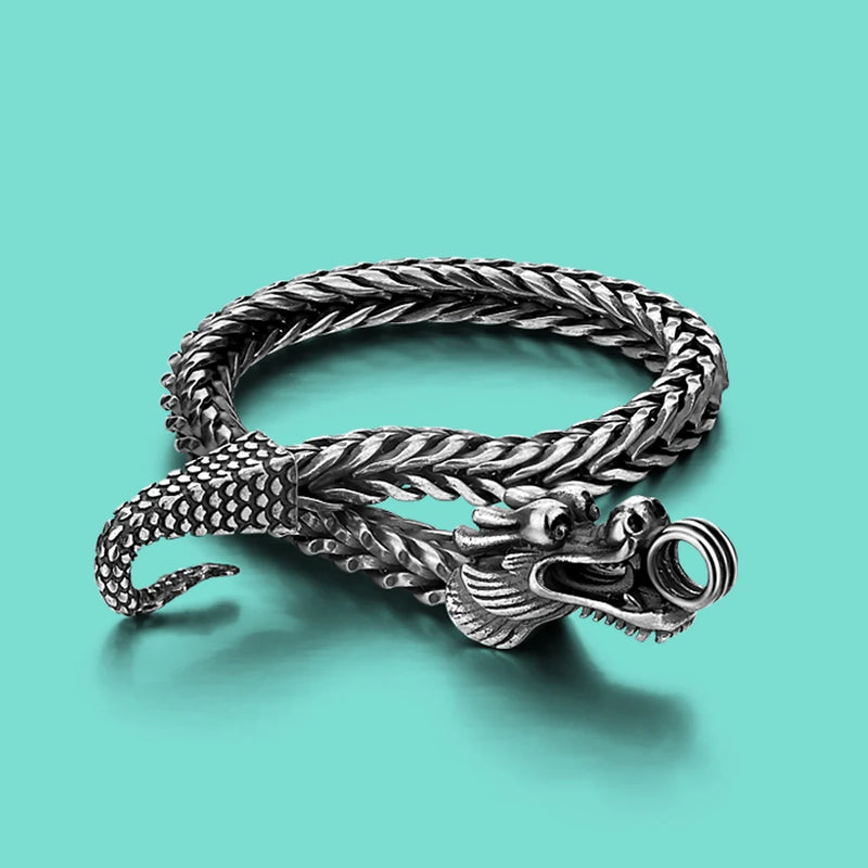 Men's Thai Silver 925 Silver Dragon Bracelet 5mm Charm 20cm Chain