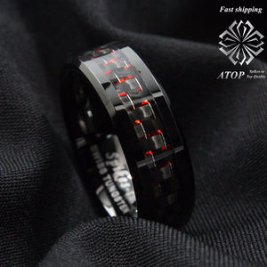 Men's Tungsten Ring with Carbon Fiber 8mm Red Wedding Band