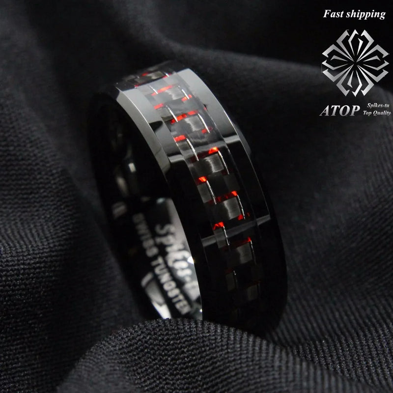 Men's Tungsten Ring with Carbon Fiber 8mm Red Wedding Band