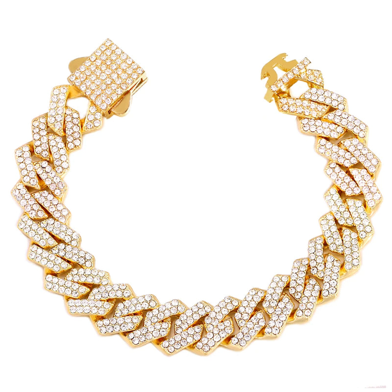 Rhinestone Paved Iced Out Cuban Chain Bracelet Bling Hip Hop Jewelry