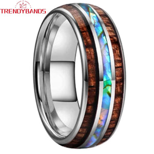 Tungsten Ring Abalone Shell And Koa Wood Inlay Men Women 8mm Wedding Band