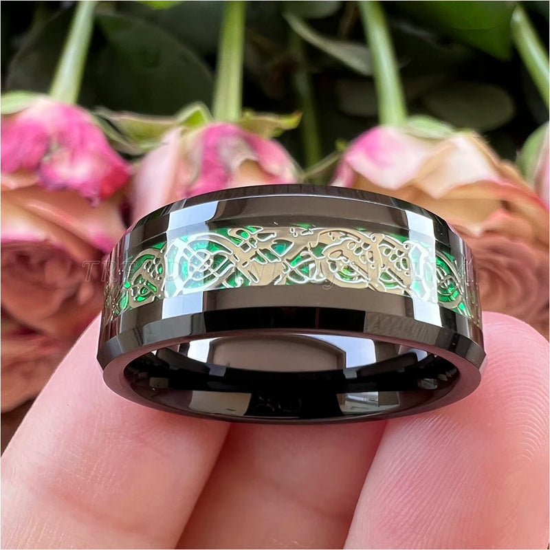 Tungsten Carbide Wedding Band Green Opal Dragon Inlay 8mm