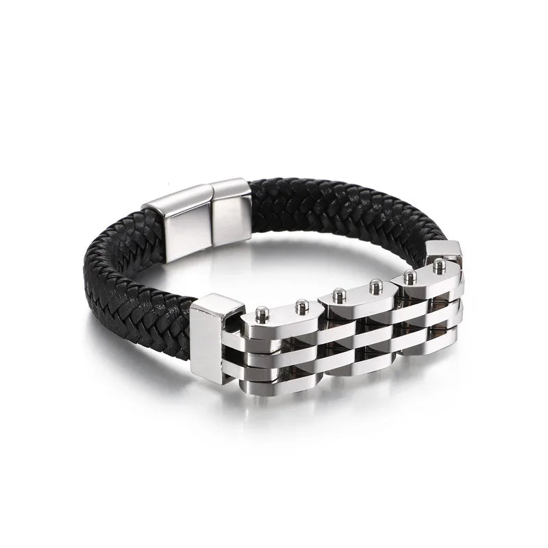 Men's Braided Leather Titanium Steel Bracelet Retro Locomotive Man Jewelry
