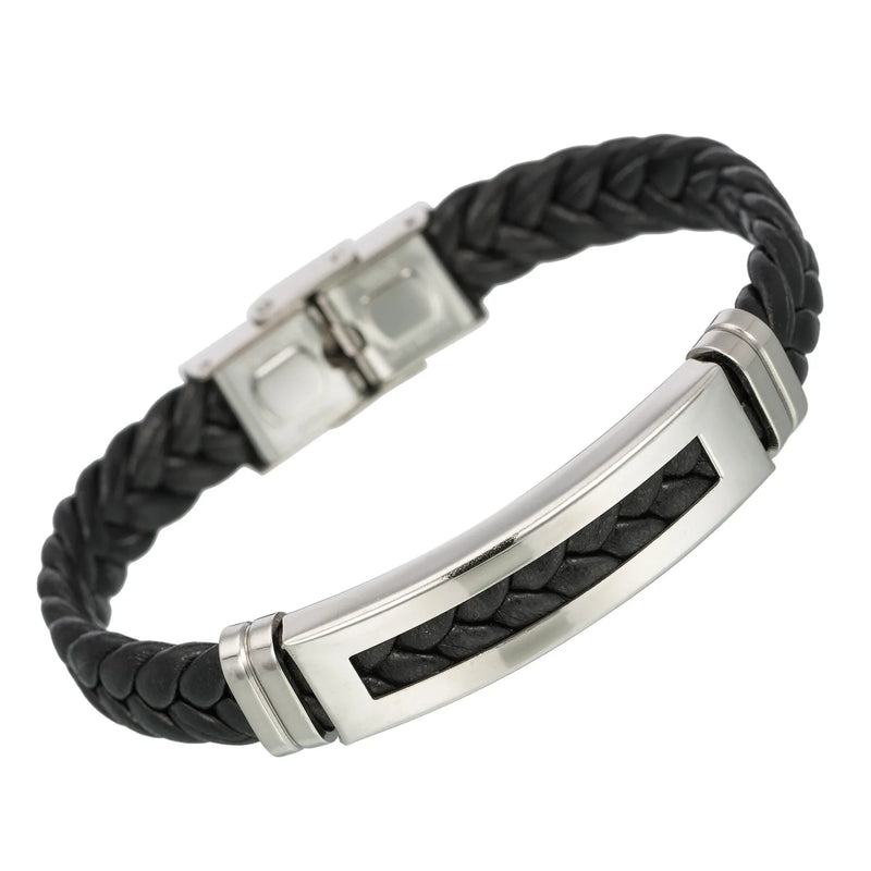 Men's Leather Rope Bracelet Stainless Steel Woven Bangles