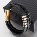 Men's Leather Rope Bracelet Stainless Steel Woven Bangle