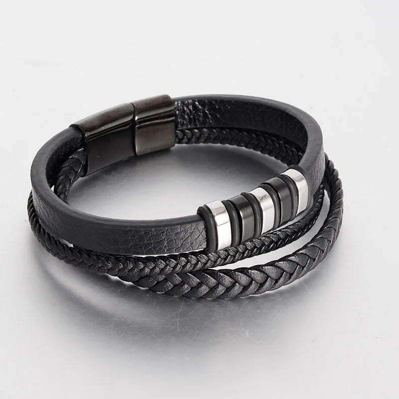 Men's Leather Rope Bracelet Stainless Steel Woven Bangle