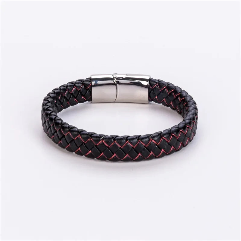 Men's Stainless Steel Leather Woven Bracelet