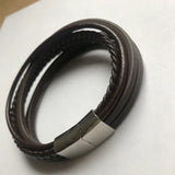 Men's Leather Woven Bracelet Stainless Steel Black Brown
