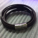 Men's Leather Woven Bracelet Stainless Steel Black Brown