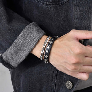 Vintage Leather Bracelet with Metal Stars Charm, 10.5mm Width