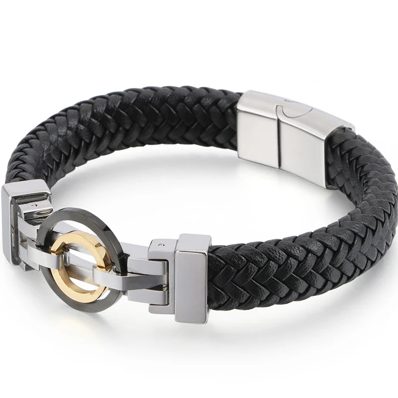 Mens Leather Bracelet Magnetic Clasp Cowhide Braided Leather & Stainless Steel